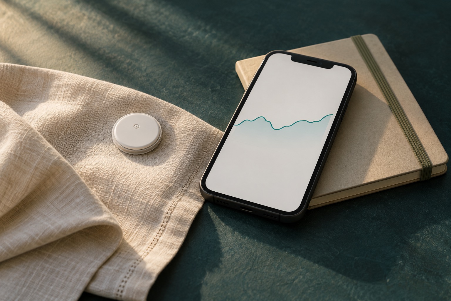 Editorial still life of a glucose sensor beside a phone and notebook on a teal surface